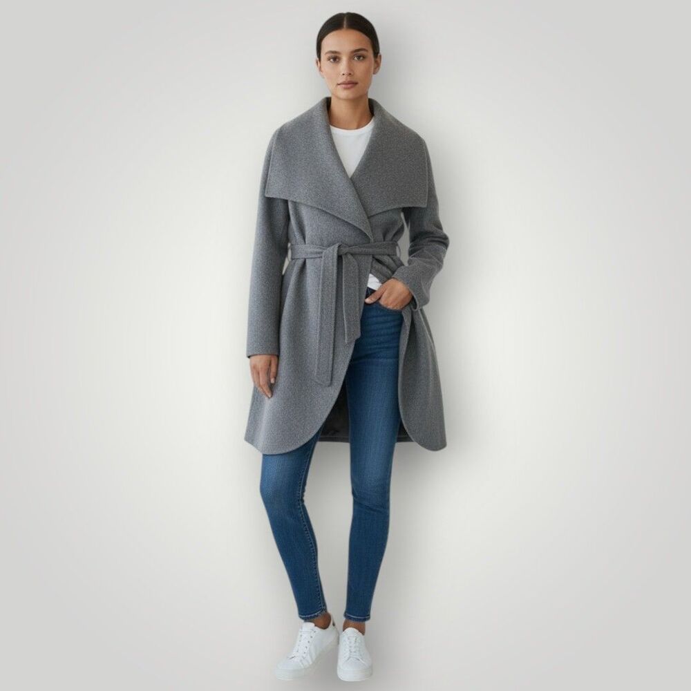 SOIA AND KYO Womans Belted Wrap Coat in Double Face Wool Blend SIZE M Gray